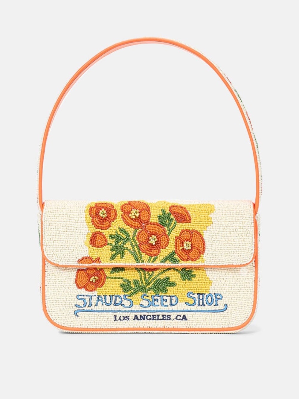STAUD Tommy California Poppy Beaded Floral Shoulder Bag in Cream and Orange